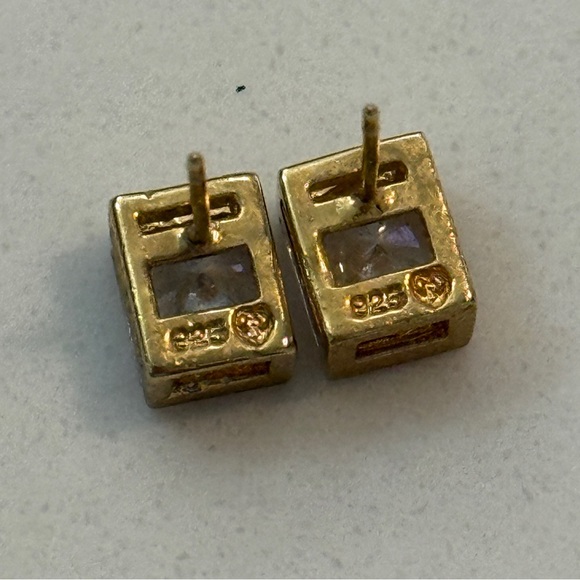 Cubic Zirconia Rectangle Stud Gold Earrings - Picture 7 of 9